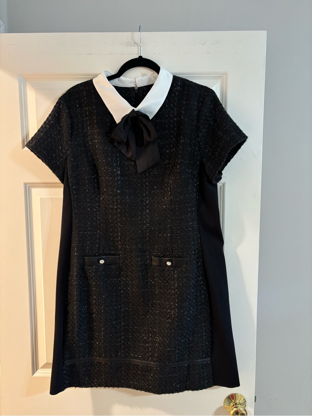Karl Lagerfeld Black Tweed Sheath Dress with White Collar and Satin Bow - Picture 4 of 11
